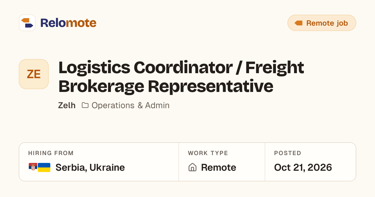 Logistics Coordinator / Freight Brokerage Representative at Zelh