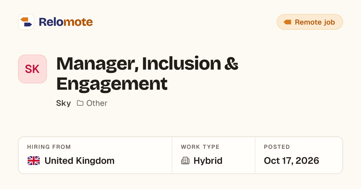 Manager, Inclusion & Engagement at Sky | Relomote