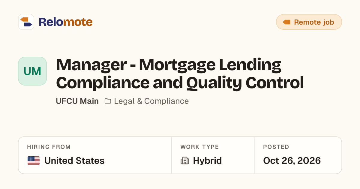 Manager - Mortgage Lending Compliance and Quality Control at UFCU Main