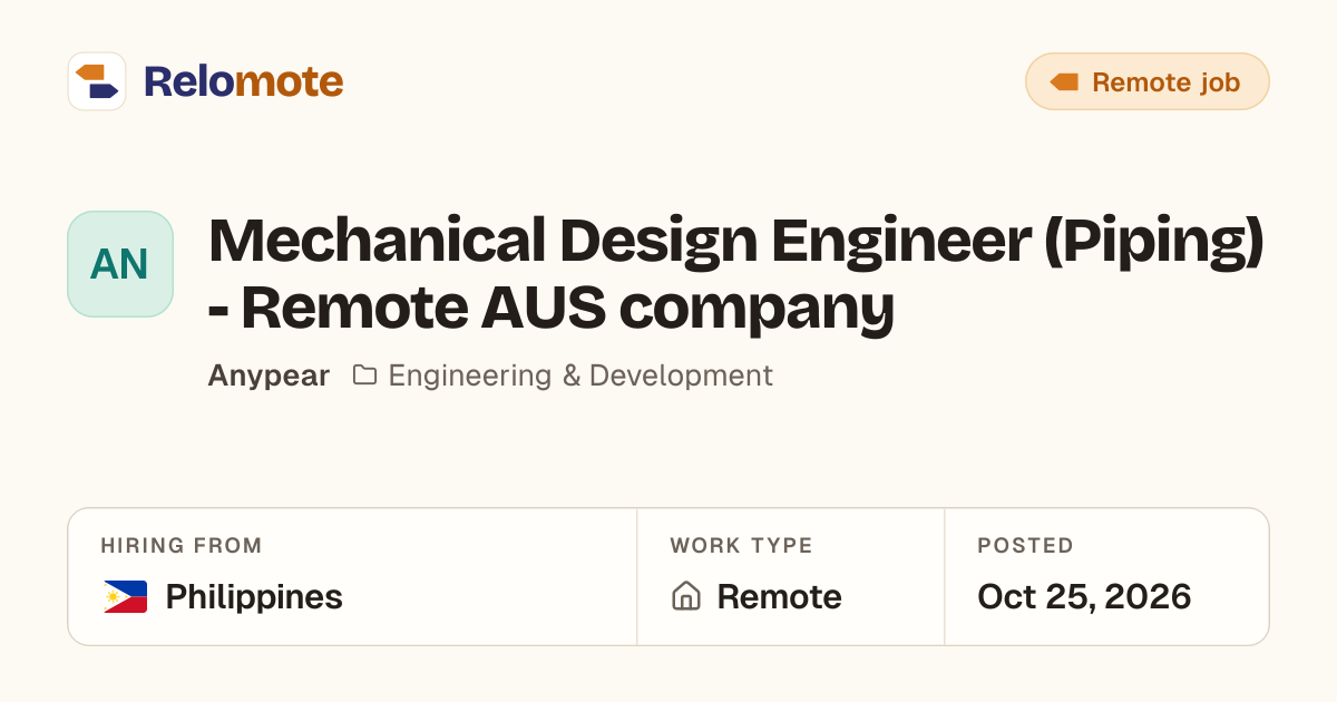Mechanical Design Engineer (Piping) - Remote AUS company at Anypear