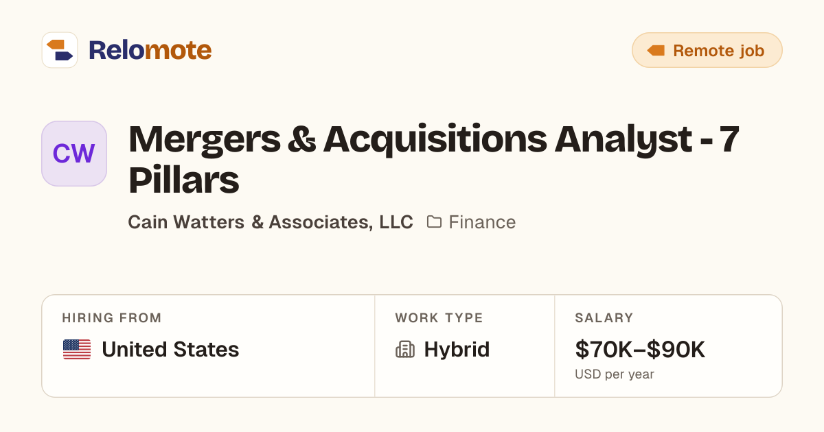 Mergers & Acquisitions Analyst - 7 Pillars at Cain Watters