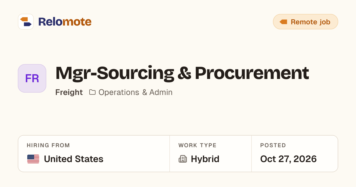 Mgr-Sourcing & Procurement at Freight | Relomote