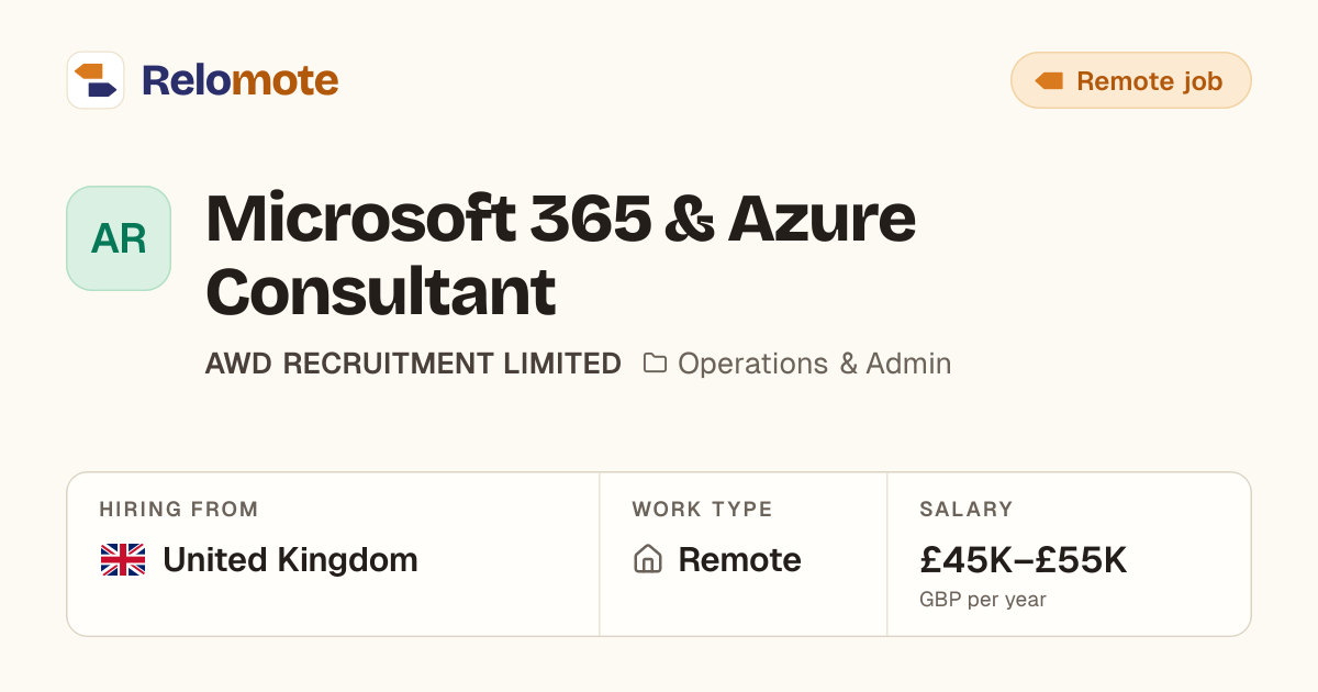 Microsoft 365 & Azure Consultant at AWD RECRUITMENT LIMITED | Relomote