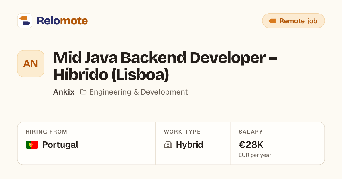 Mid Java Backend Developer – Híbrido (Lisboa) at Ankix | Relomote