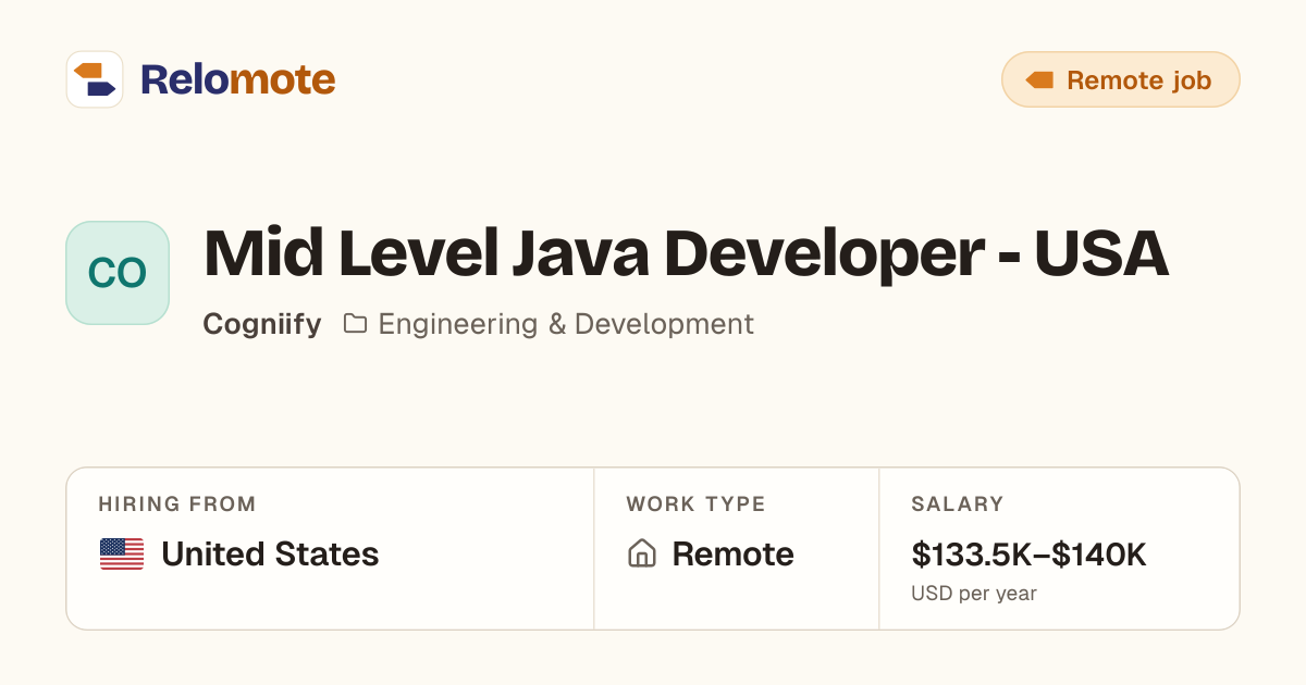 Mid Level Java Developer - USA at Cogniify | Relomote