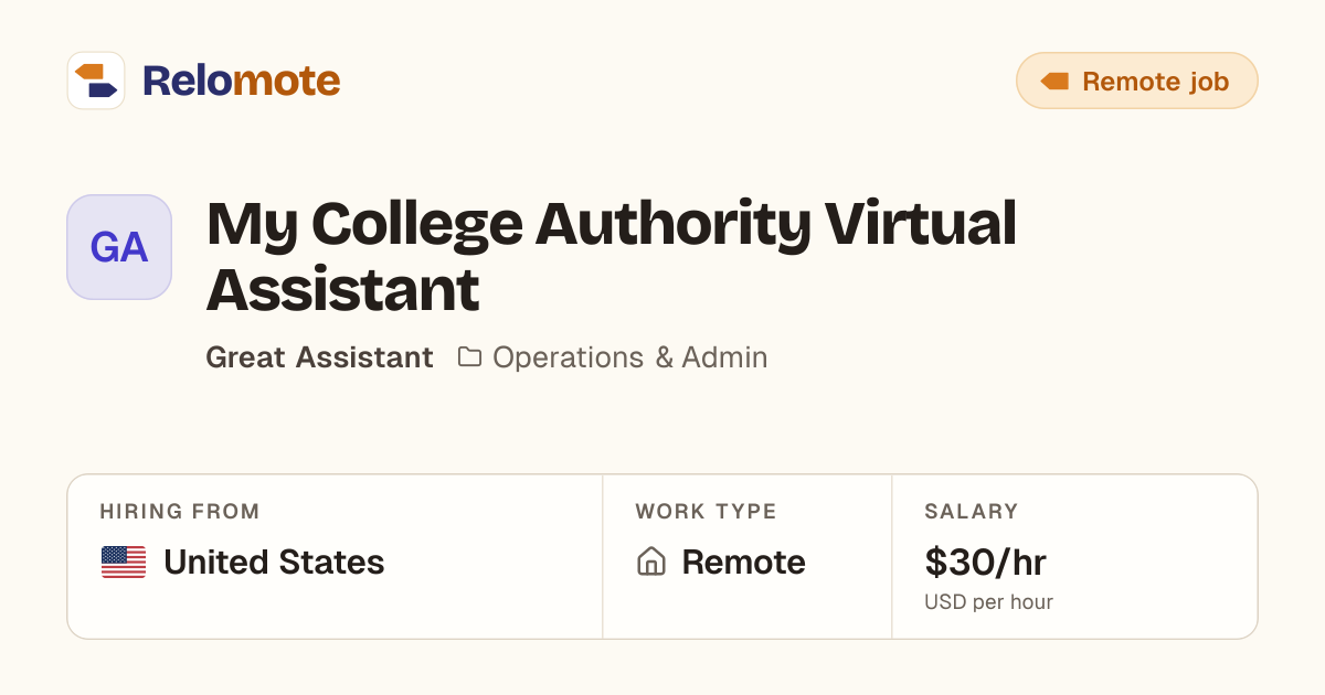 My College Authority Virtual Assistant at Great Assistant | Relomote