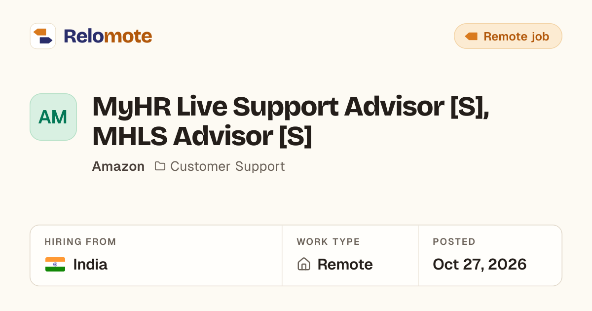 MyHR Live Support Advisor [S], MHLS Advisor [S] at Amazon | Relomote