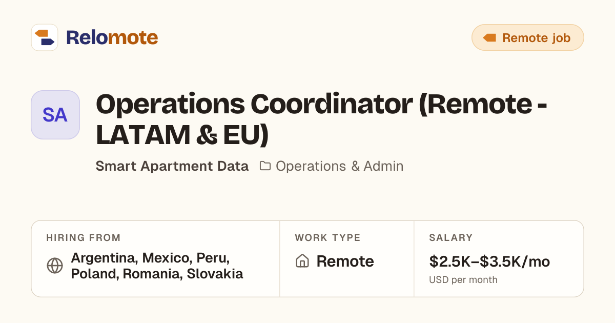 Operations Coordinator (Remote - LATAM & EU) at Smart Apartment Data