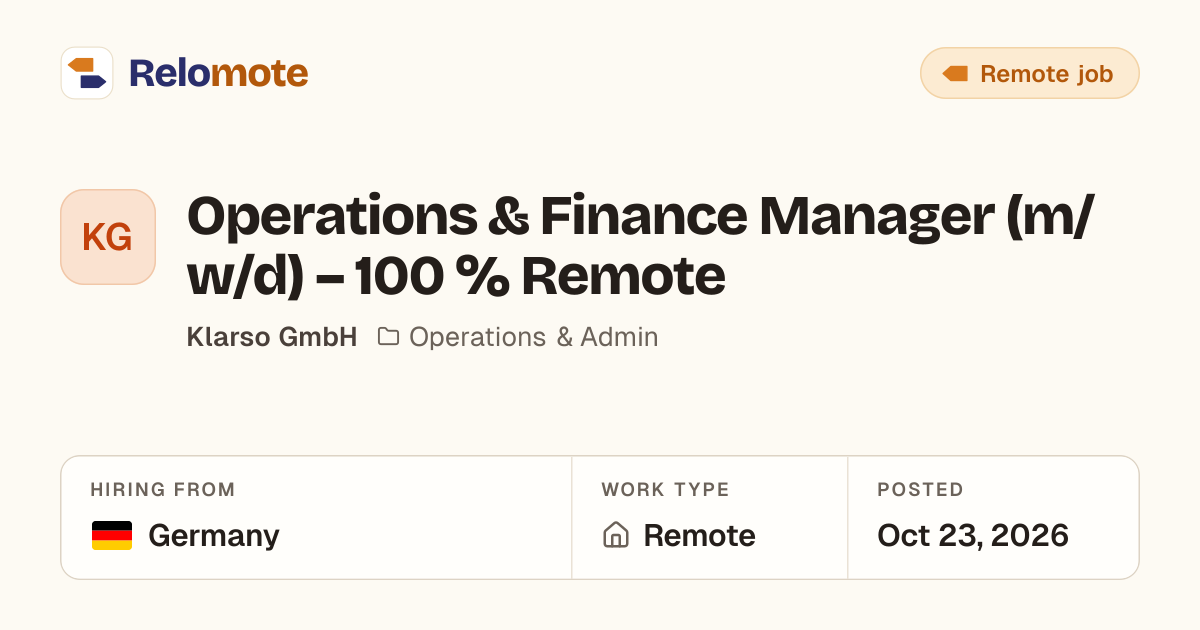 Operations & Finance Manager (m/w/d) – 100 % Remote at Klarso GmbH