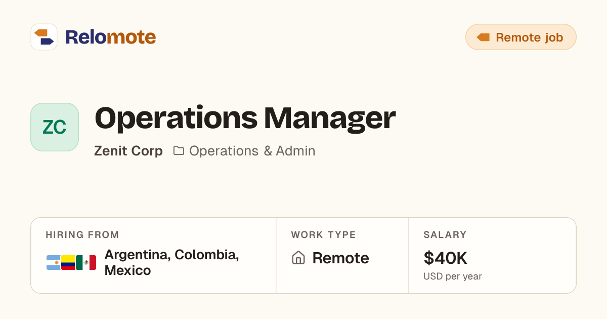 Operations Manager at Zenit Corp | Relomote