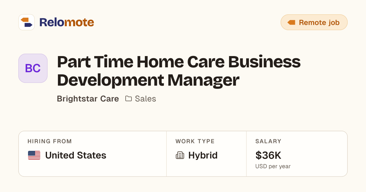 Part Time Home Care Business Development Manager at Brightstar Care