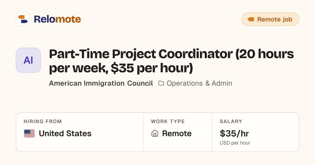 Part-Time Project Coordinator (20 hours per week, $35 per hour) at…