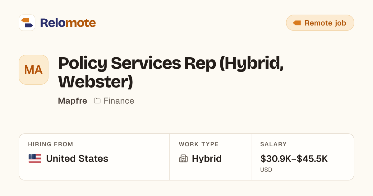 Policy Services Rep (Hybrid, Webster) at Mapfre | Relomote