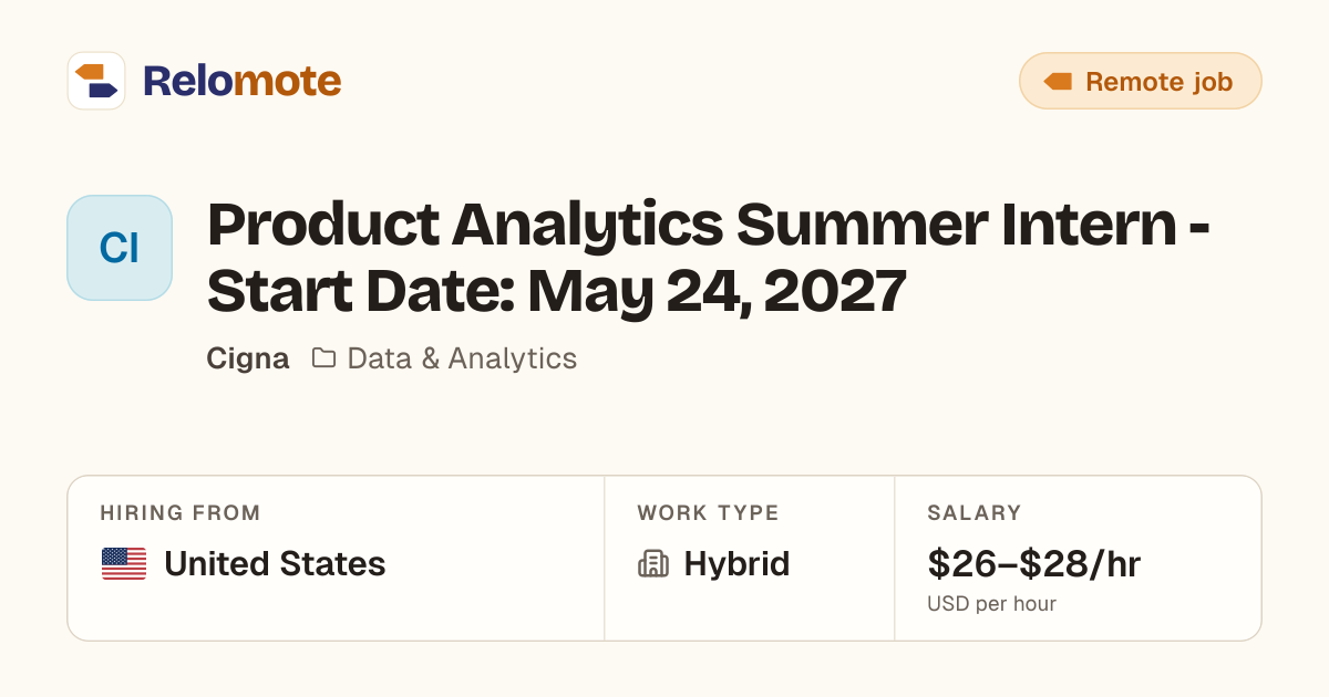 Product Analytics Summer Intern - Start Date: May 24, 2027 at Cigna