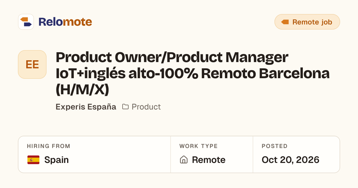 Product Owner/Product Manager IoT+inglés alto-100% Remoto Barcelona…