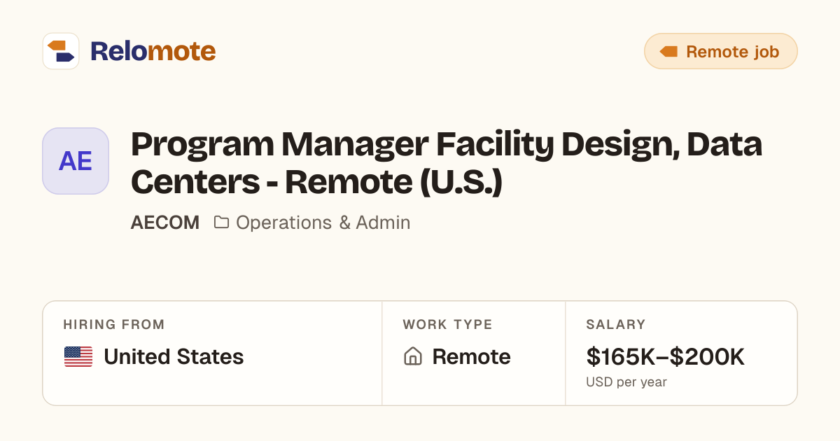 Program Manager Facility Design, Data Centers - Remote (U.S.) at AECOM