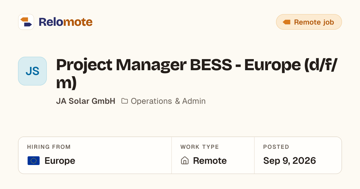 Project Manager BESS - Europe (d/f/m) at JA Solar GmbH | Relomote