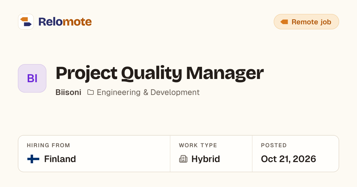 Project Quality Manager at Biisoni | Relomote