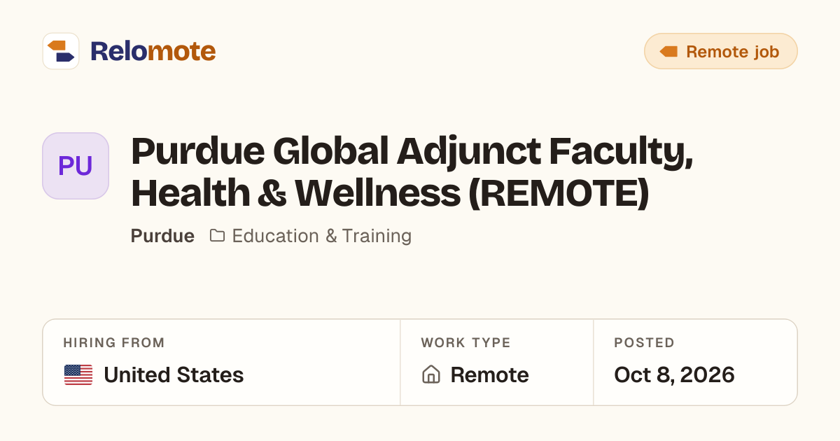 Purdue Global Adjunct Faculty, Health & Wellness (REMOTE) at Purdue