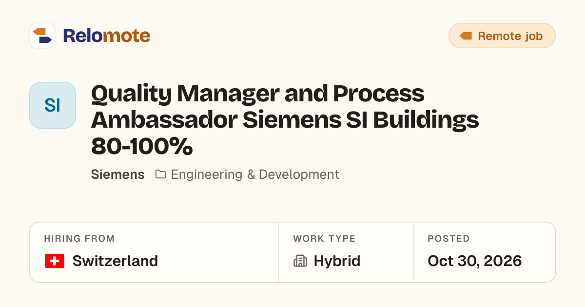 Quality Manager and Process Ambassador Siemens SI Buildings 80-100%…