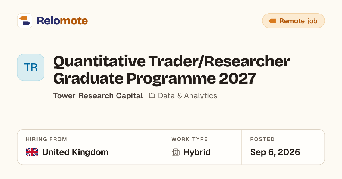 Quantitative Trader/Researcher Graduate Programme 2027 at Tower…