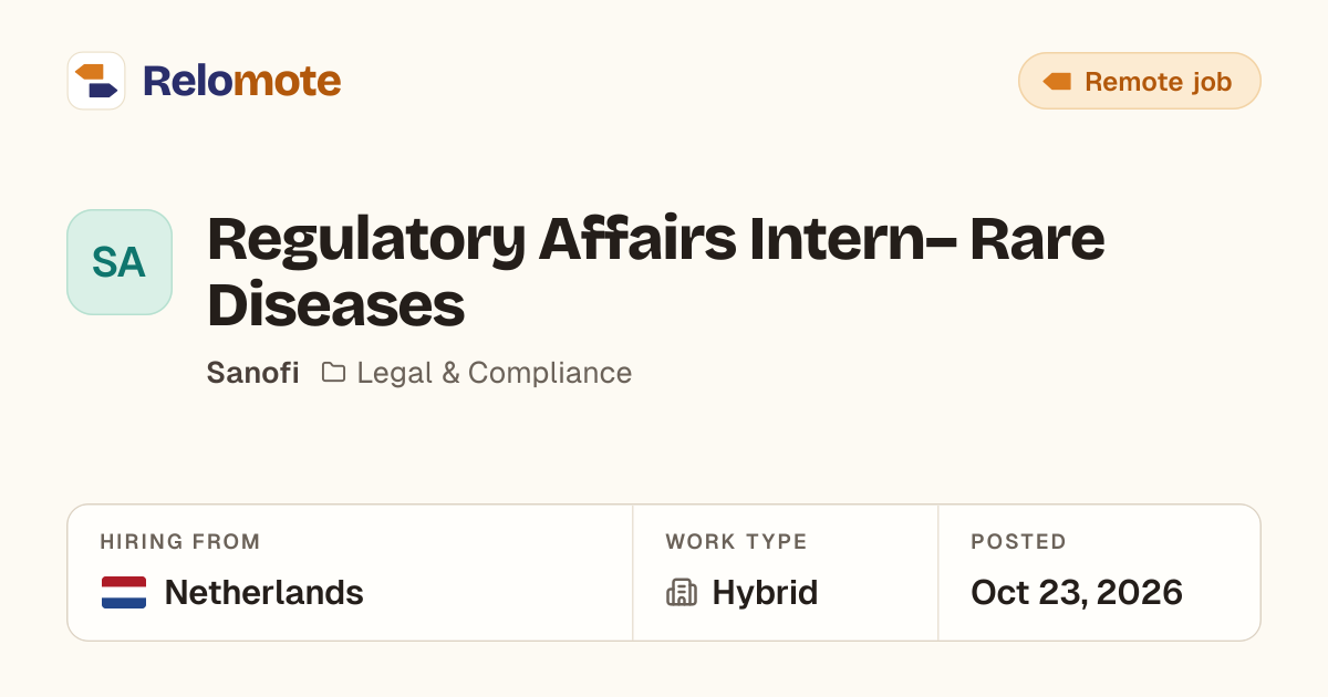 Regulatory Affairs Intern– Rare Diseases at Sanofi | Relomote