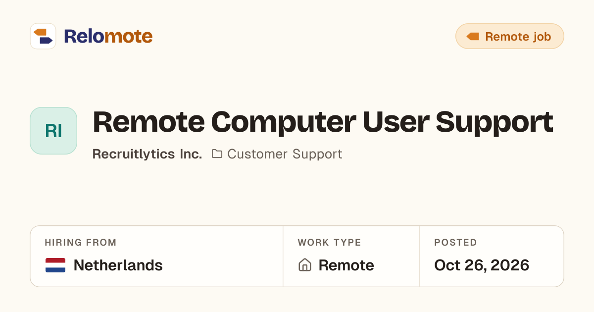 Remote Computer User Support at Recruitlytics Inc. | Relomote