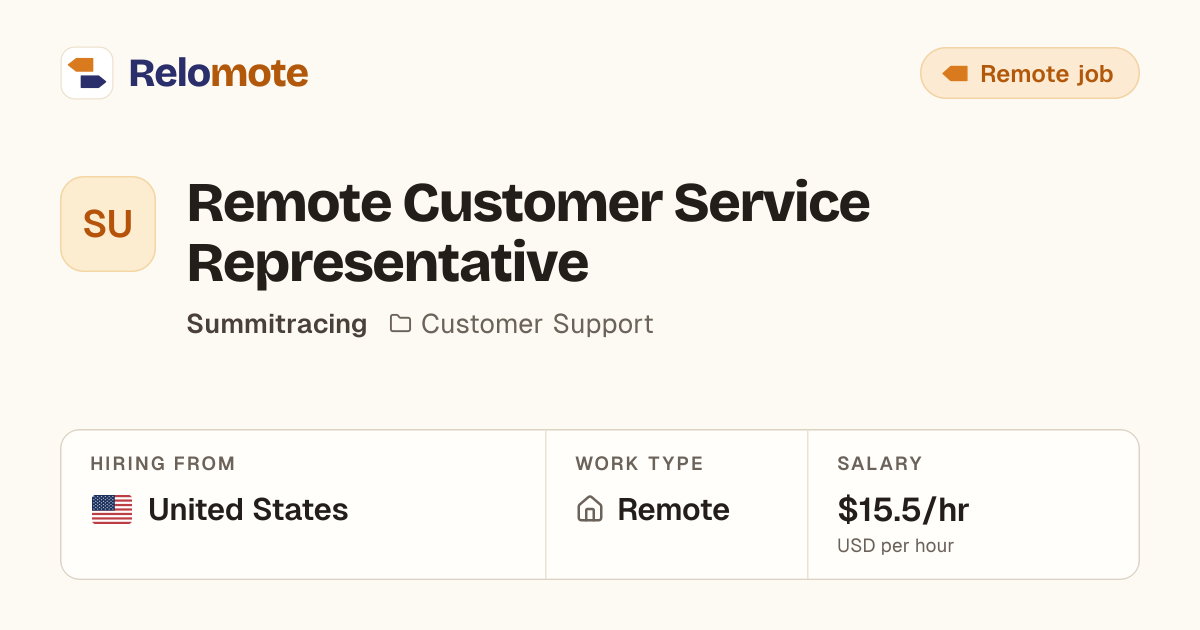 Remote Customer Service Representative at Summitracing | Relomote