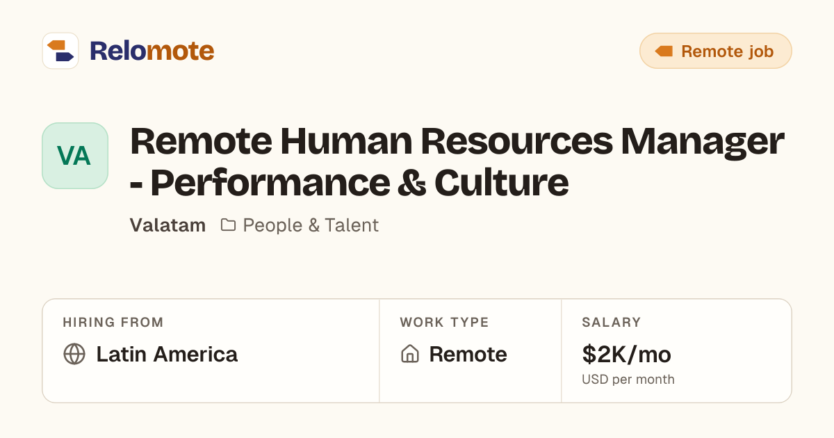 Remote Human Resources Manager - Performance & Culture at Valatam