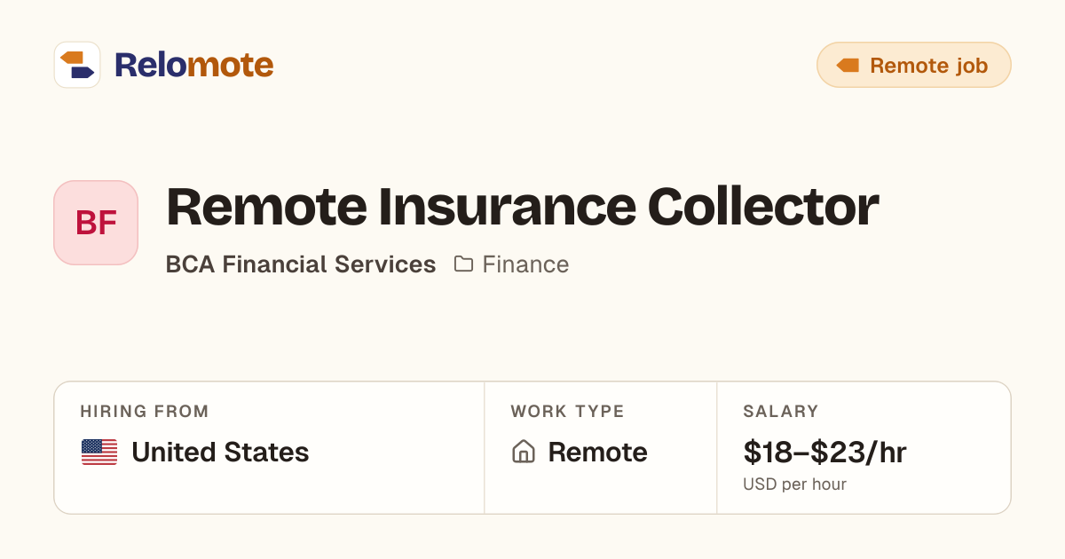 Remote Insurance Collector at BCA Financial Services | Relomote