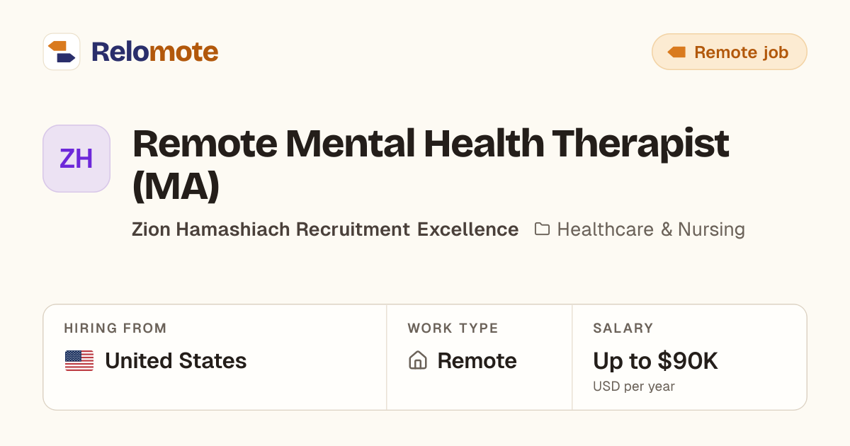 Remote Mental Health Therapist (MA) at Zion Hamashiach Recruitment…