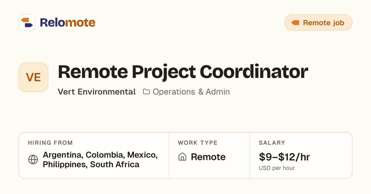 Remote Project Coordinator at Vert Environmental | Relomote