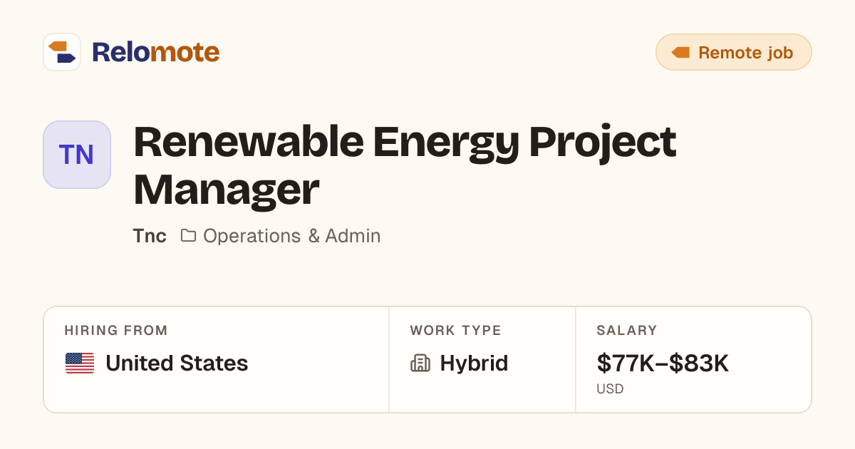 Renewable Energy Project Manager at Tnc | Relomote
