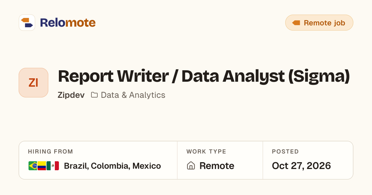 Report Writer / Data Analyst (Sigma) at Zipdev | Relomote