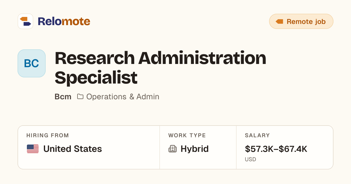 Research Administration Specialist at Bcm | Relomote