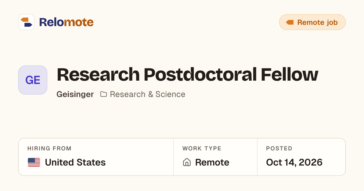 Research Postdoctoral Fellow at Geisinger | Relomote