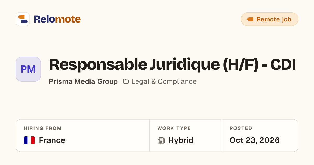 Responsable Juridique (H/F) - CDI at Prisma Media Group | Relomote