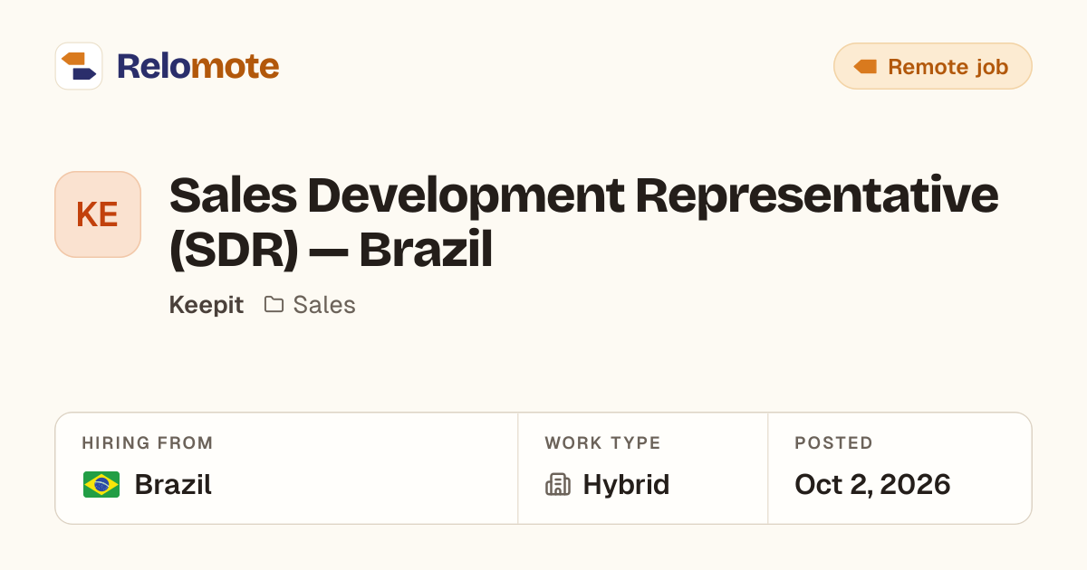 Sales Development Representative (SDR) — Brazil at Keepit | Relomote