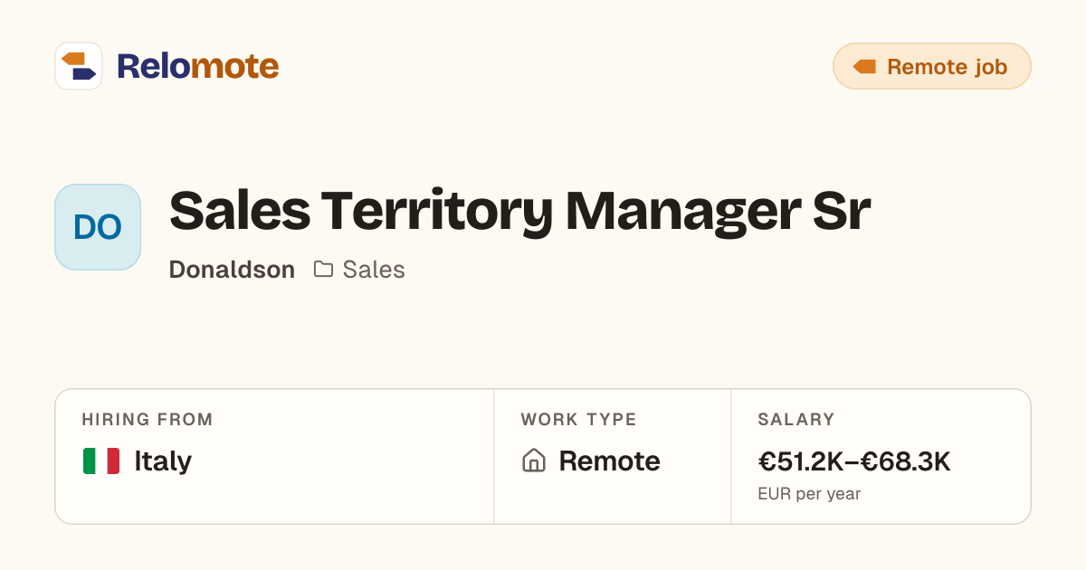 Sales Territory Manager Sr at Donaldson | Relomote
