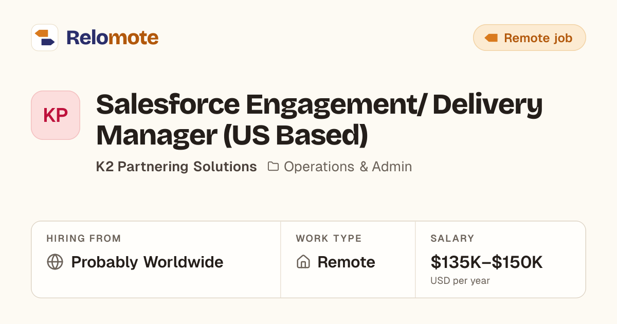 Salesforce Engagement/ Delivery Manager (US Based) at K2 Partnering…