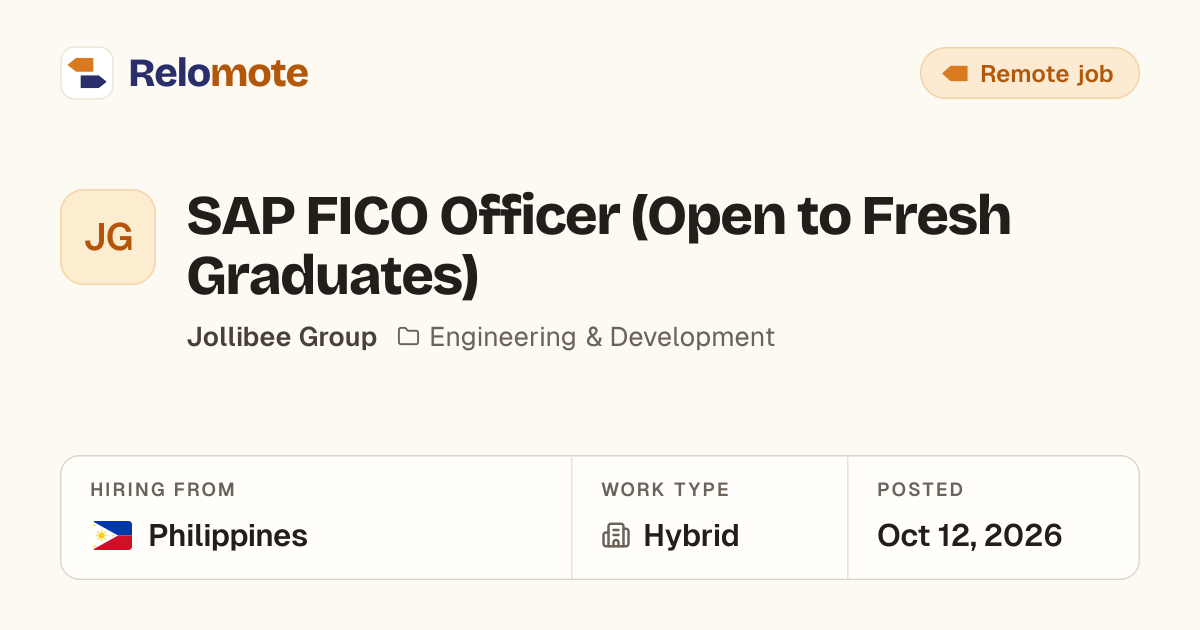 SAP FICO Officer (Open to Fresh Graduates) at Jollibee Group
