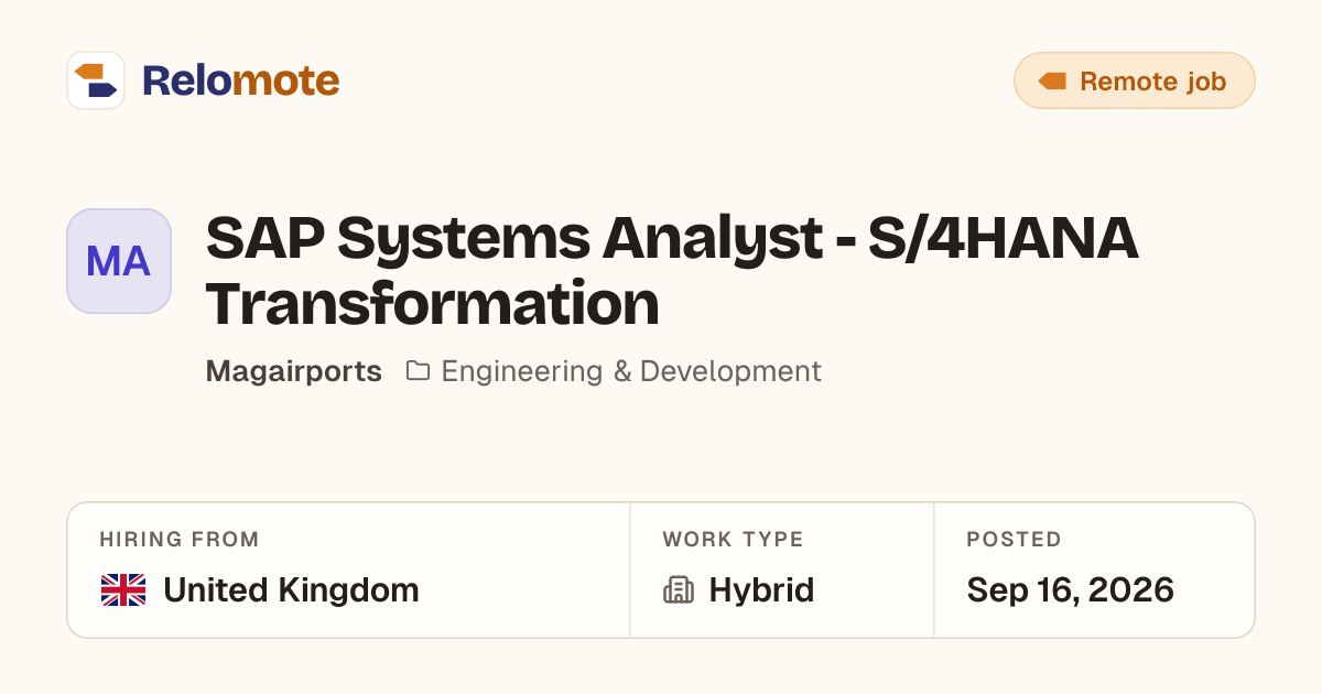 SAP Systems Analyst - S/4HANA Transformation at Magairports | Relomote