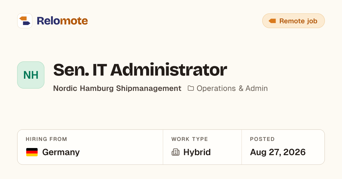 Sen. IT Administrator at Nordic Hamburg Shipmanagement | Relomote