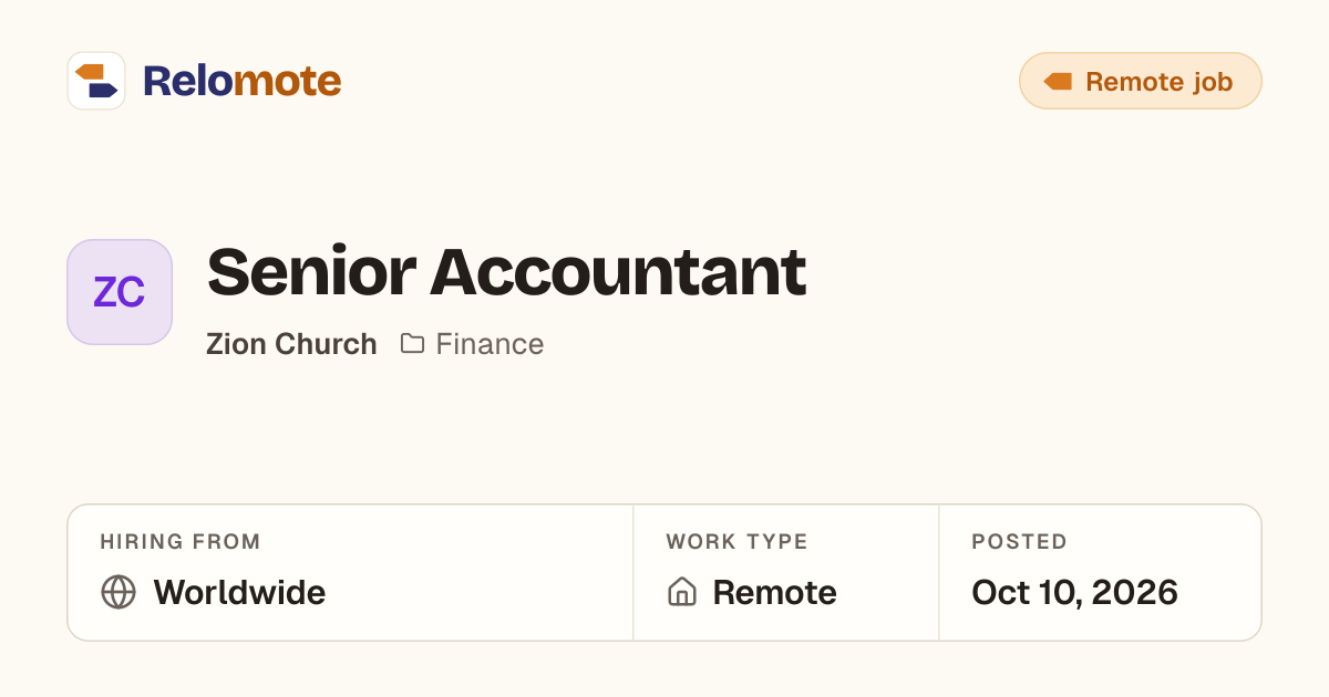 Senior Accountant at Zion Church | Relomote