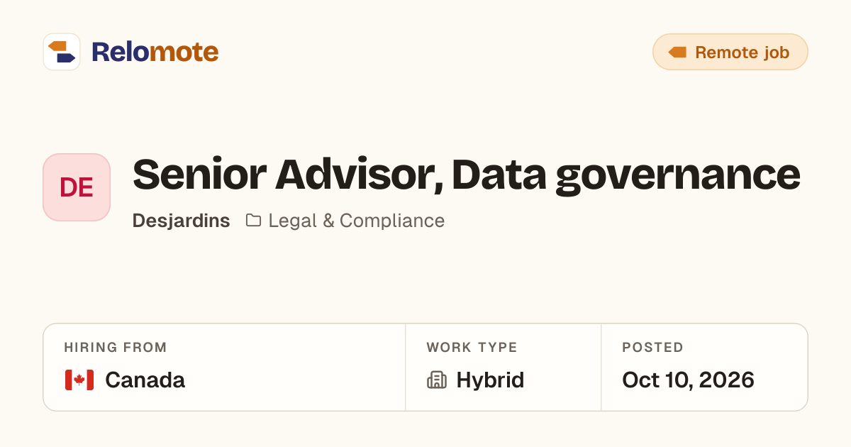 Senior Advisor, Data governance at Desjardins | Relomote