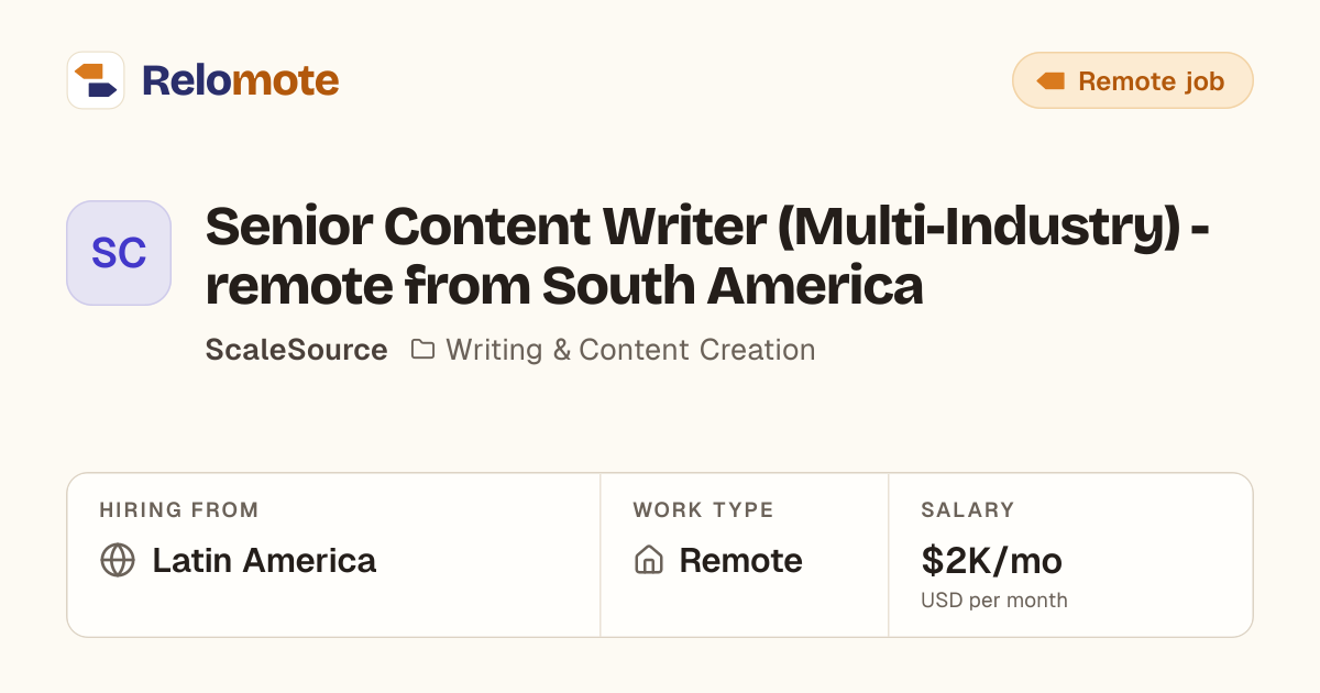 Senior Content Writer (Multi-Industry) - remote from South America…