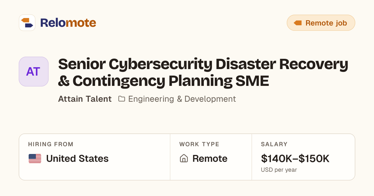 Senior Cybersecurity Disaster Recovery & Contingency Planning SME at…