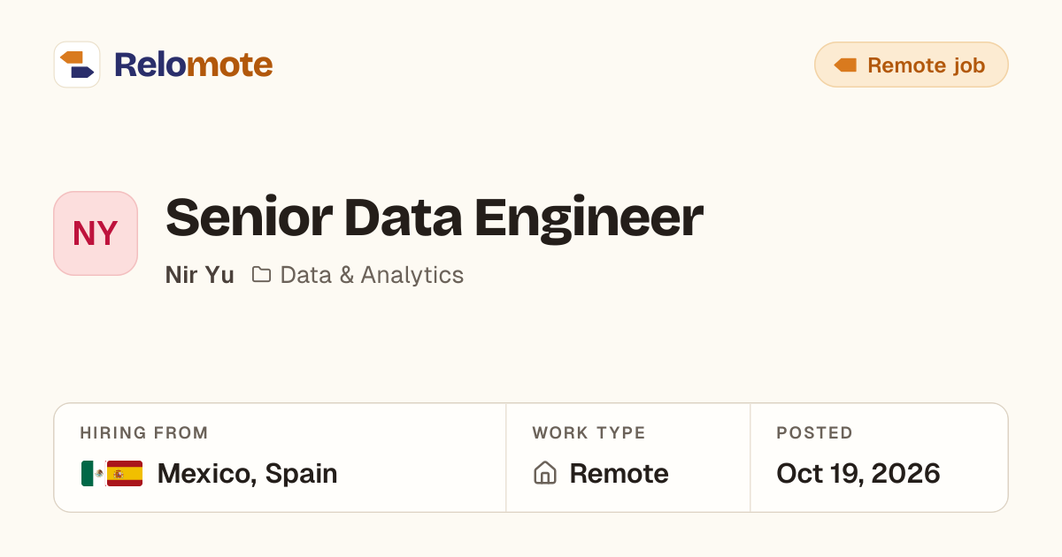 Senior Data Engineer at Nir Yu | Relomote