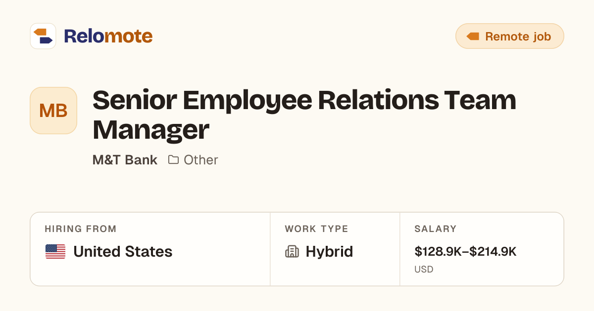 Senior Employee Relations Team Manager at M&T Bank | Relomote