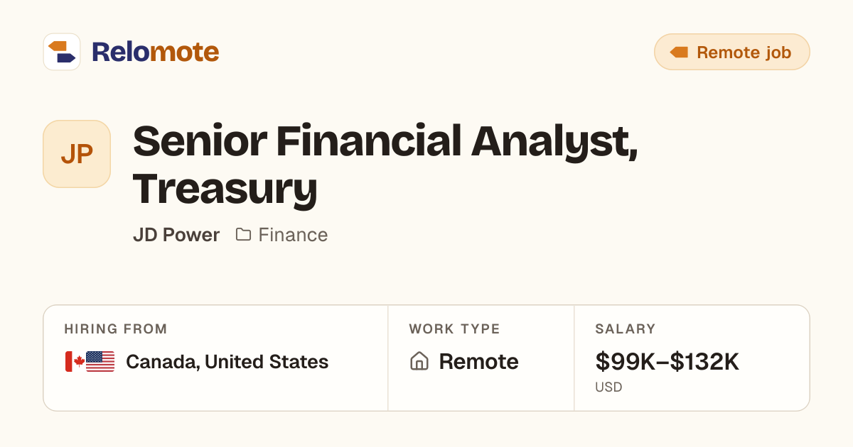 Senior Financial Analyst, Treasury at JD Power | Relomote